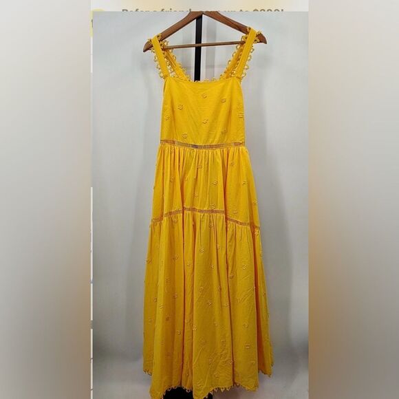 Farm Rio Yellow 3D Flowers Cotton Maxi Dress Crochet Embroidery Size M - Picture 11 of 13
